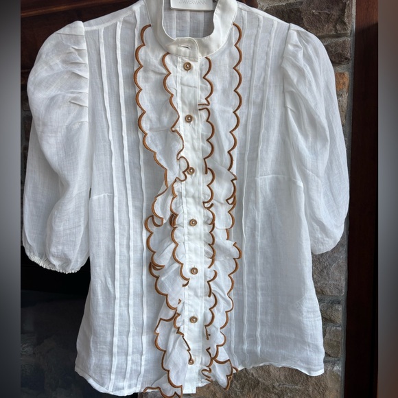 Zimmermann White Blouse Ruffle and Brown Embroidered Trim, Size 0 XS - Picture 7 of 11